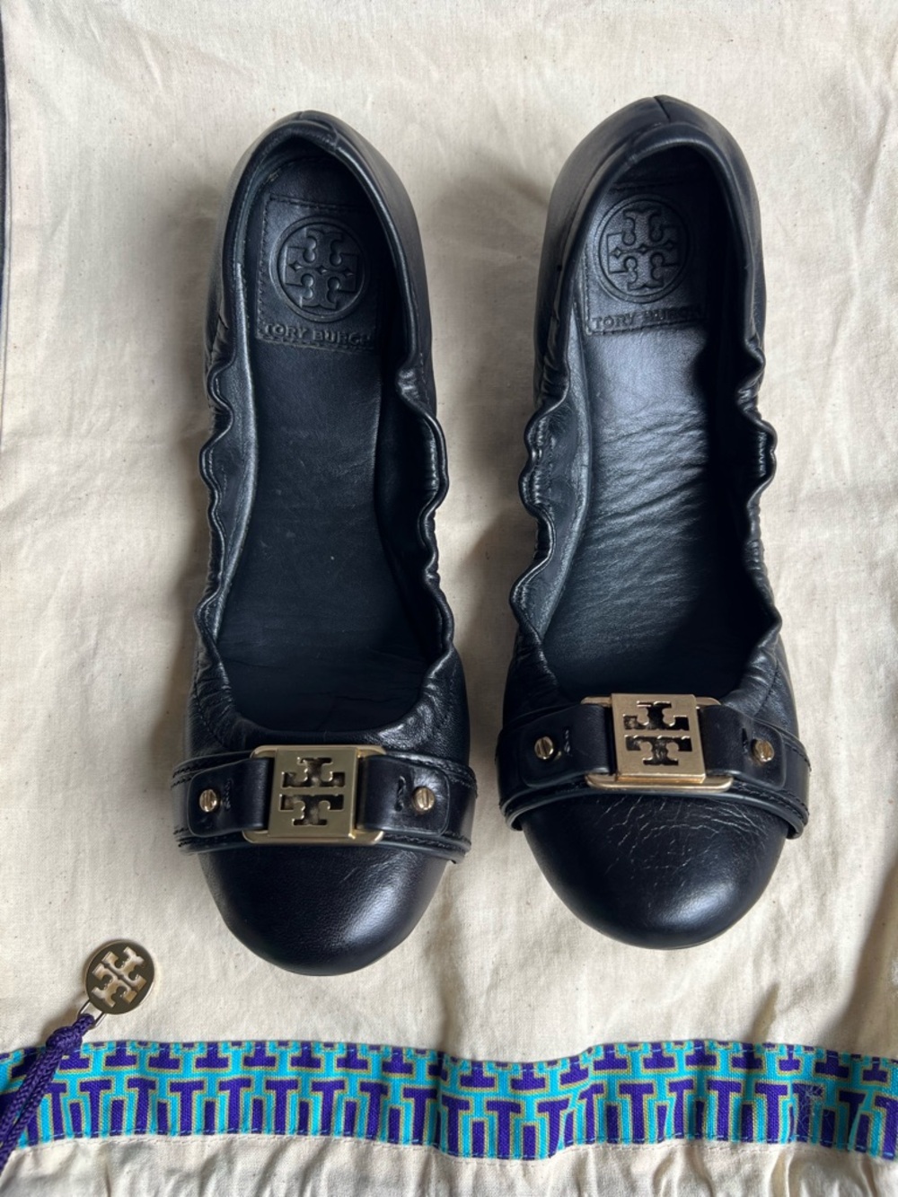 Tory Burch Shoes Sz 7 M Ambrose Ballet Flat Leather Black Gold Logo Slip On